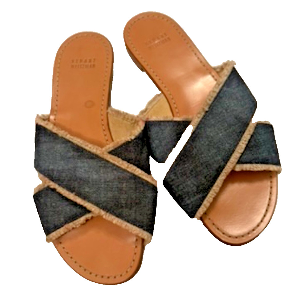 STUART WEITZMAN Edgeway Denim Fringe-Trimmed Sandals size 9